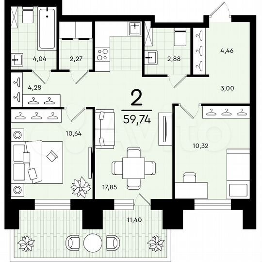 2-к. квартира, 59,8 м², 1/4 эт.