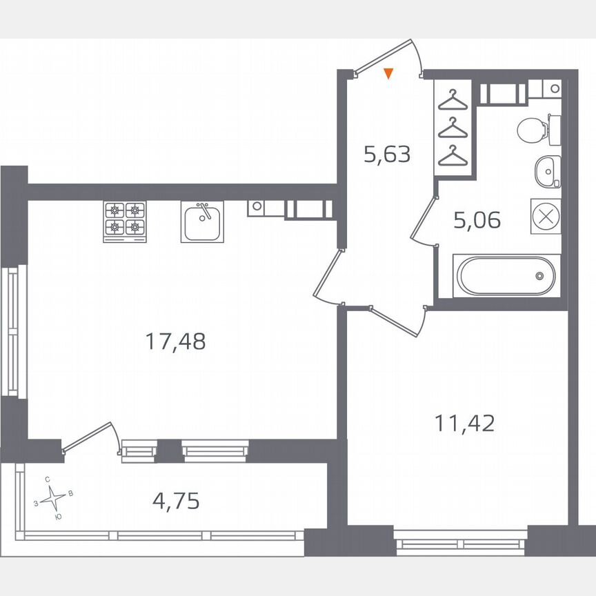 1-к. квартира, 42 м², 7/15 эт.
