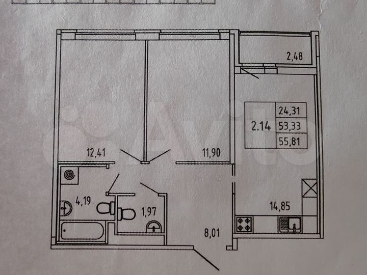 2-к. квартира, 53,3 м², 7/19 эт.