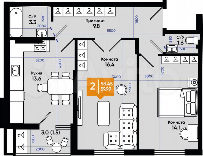 2-к. квартира, 60 м², 6/9 эт.