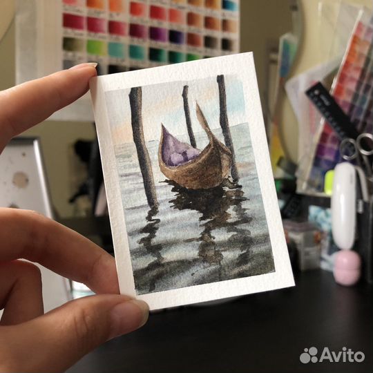 Пейзаж с лодочкой акварелью Коллекционная карточка