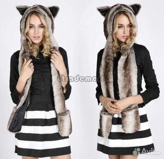 Шапка с ушами и шарфом (зверошапка)