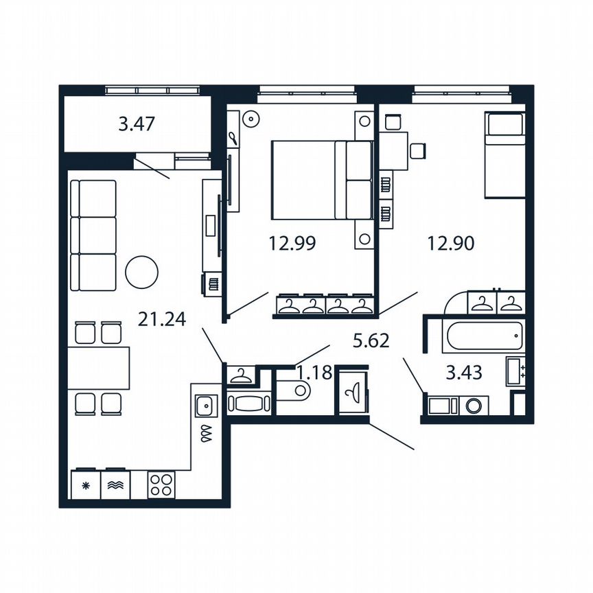 2-к. квартира, 57 м², 12/13 эт.