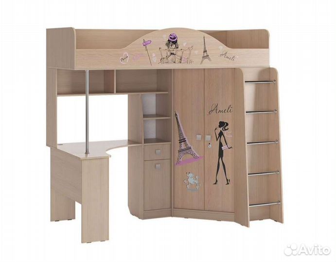 Детская кровать чердак со столом и шкафом