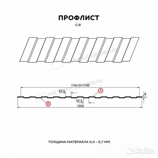 Профнастил (м2) С-8 А Полиэстер 0,45 мм, Цвет Ral 8017, Покрытие Полиэстер, Толщина металла 0,45 мм