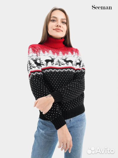 Свитер новогодний с оленями женский 44р