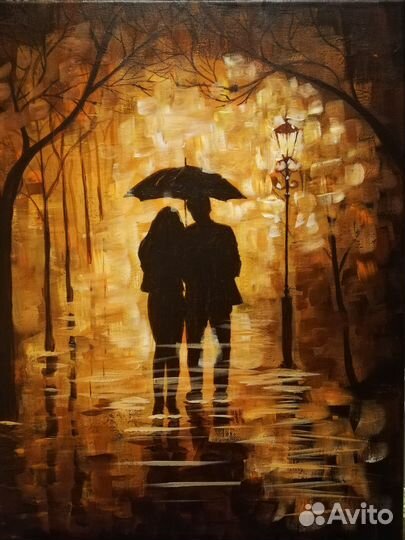 Картина Пара влюбленных под зонтом в осеннем парке
