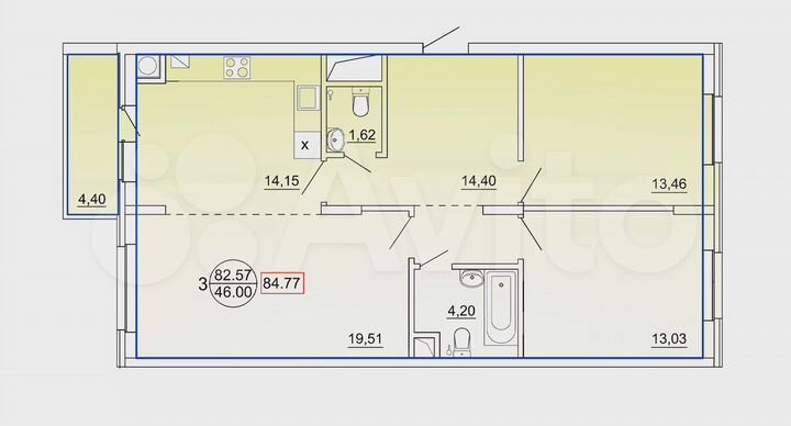 3-к. квартира, 84,8 м², 3/12 эт.