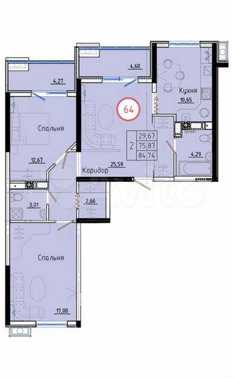 2-к. квартира, 84,7 м², 4/8 эт.
