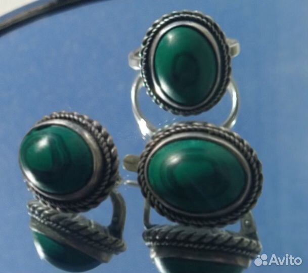 Серьги кольцо серебро СССР 925 голова малахит