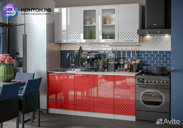 Кухня Волна 1.8 м белый глянец / красный металлик