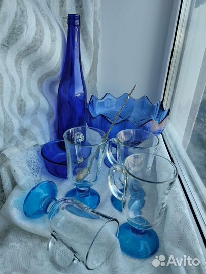 Посуда Цветное синее стекло