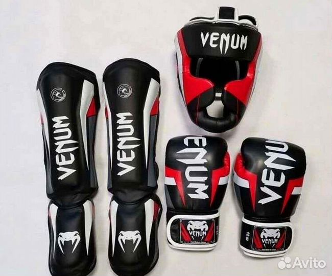 Комплект venum - перчатки, щитки, шлеш