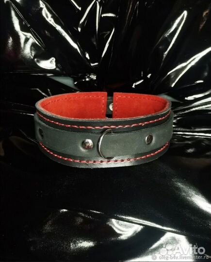Ошейник кожаный прошитый с красным подкладом
