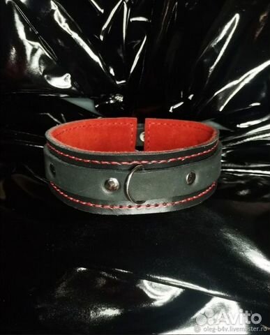 Ошейник кожаный прошитый с красным подкладом