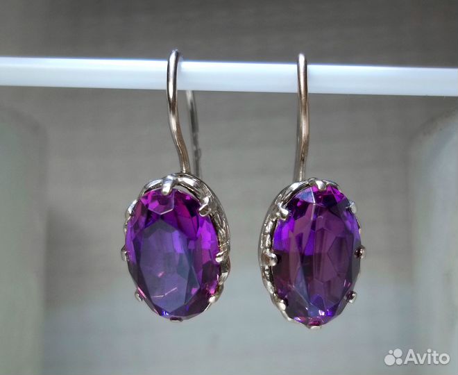 Серьги белое золото 583 винтаж СССР корунд аметист