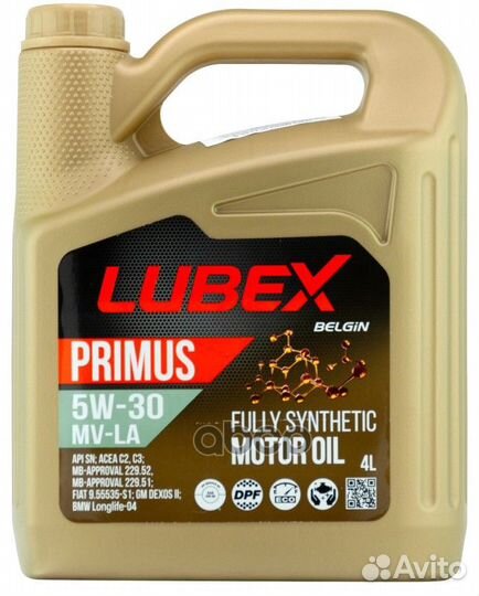 Lubex primus mvla 5W30 (4L) масло мотсинтAPI S