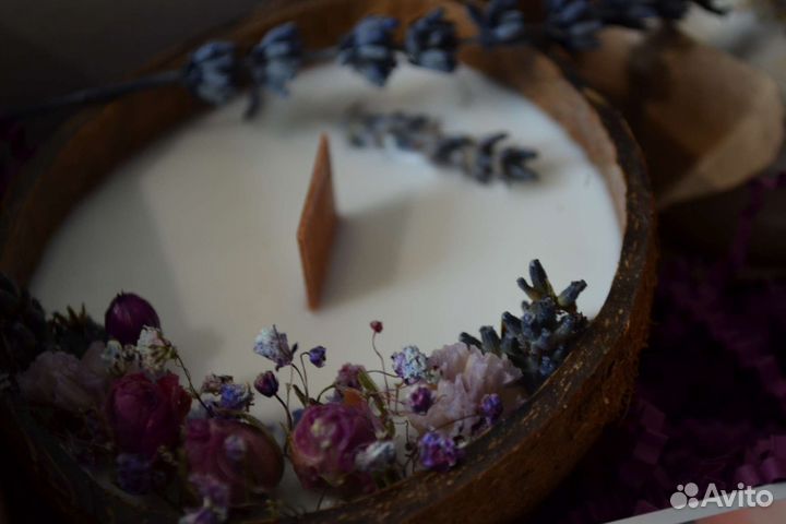 Свеча в кокосе Подарочный набор Лаванда