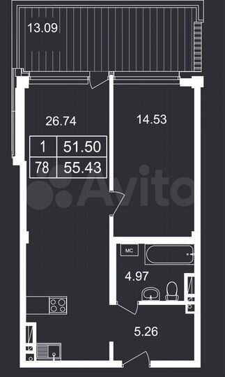 1-к. апартаменты, 55,4 м², 5/8 эт.
