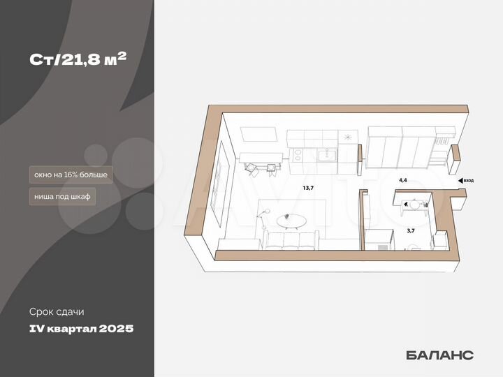 Квартира-студия, 21 м², 4/23 эт.