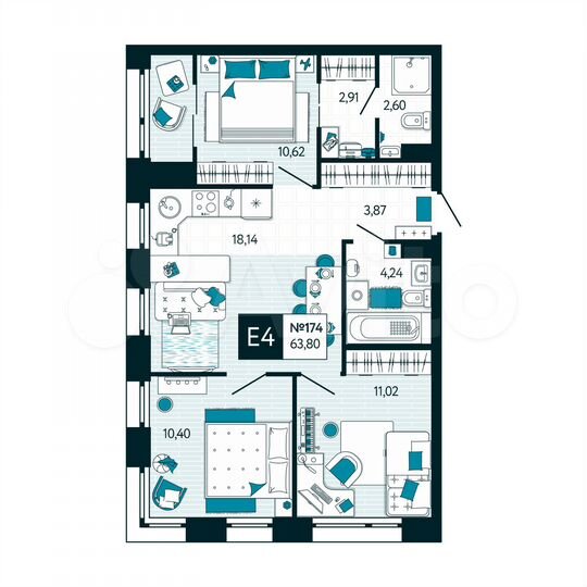 3-к. квартира, 63,8 м², 15/15 эт.