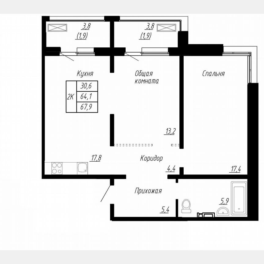 2-к. квартира, 67,9 м², 5/17 эт.