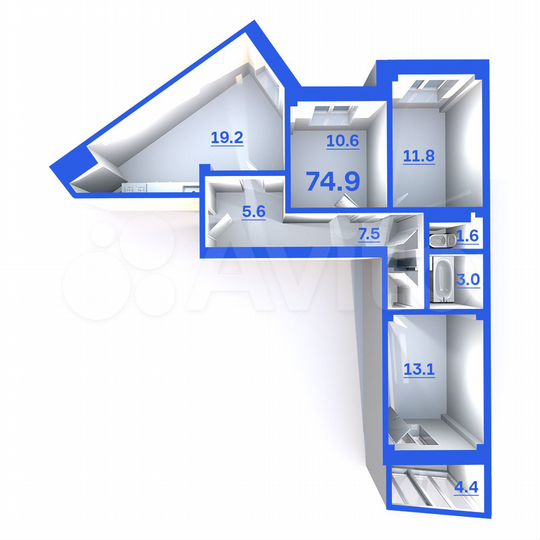 3-к. квартира, 74,9 м², 4/9 эт.