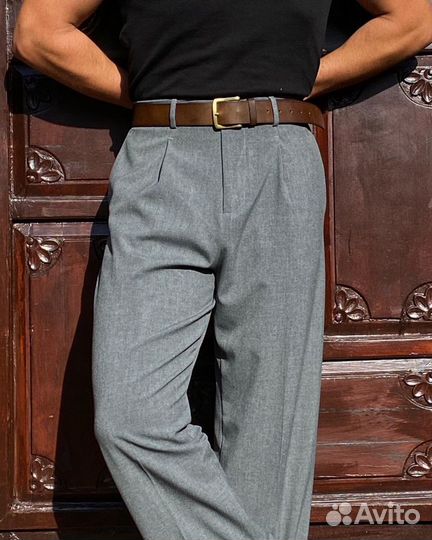 Мужские широкие брюки с защипами (серые)