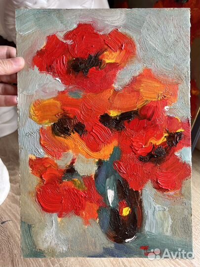 Картина маслом цветы в вазе красные маки