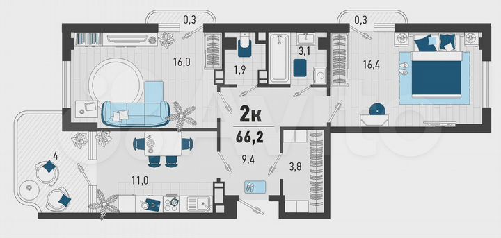 2-к. квартира, 66,2 м², 1/3 эт.