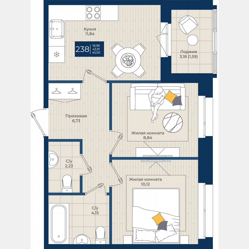 2-к. квартира, 45,5 м², 11/12 эт.