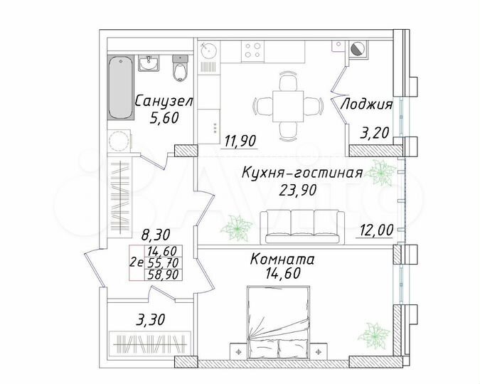 2-к. квартира, 58,9 м², 5/8 эт.