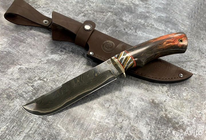 Нож варяг, ламинированная дамасская сталь, мельхио