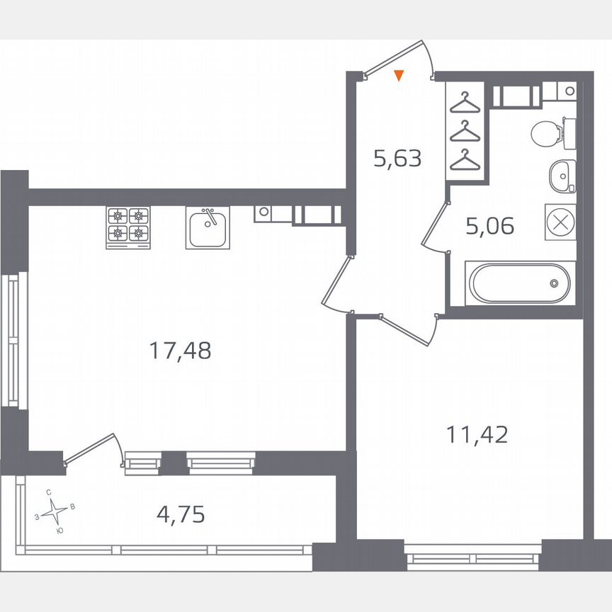 1-к. квартира, 42 м², 3/15 эт.