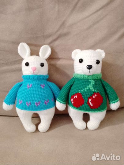 Вязаный заяц, мишка, енот ручной работы, 20 см