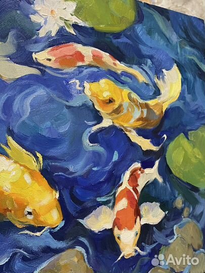 Картина маслом «Японские карпы» 40*55см в рамке