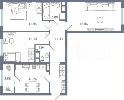 3-к. квартира, 73,3 м², 2/17 эт.