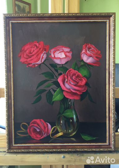 Картина маслом розы красные цветы натюрморт