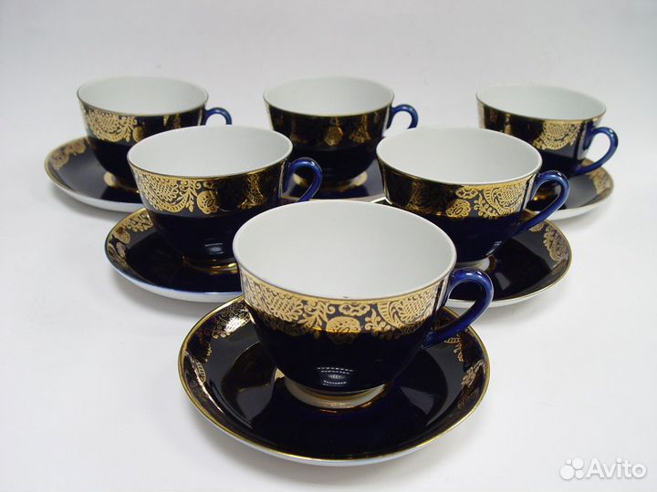 Чайные пары. 6 шт. Кобальт, золото. лфз