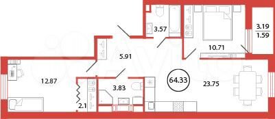 2-к. квартира, 64,3 м², 4/12 эт.