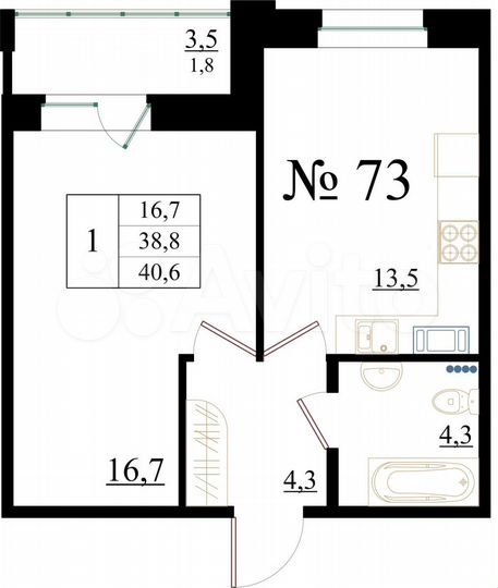 1-к. квартира, 40,6 м², 1/8 эт.