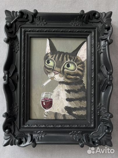 Картина Кот и вино 10х15 холст