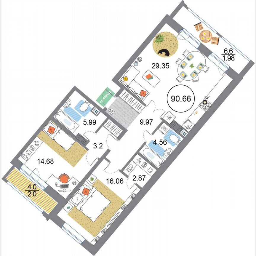 2-к. квартира, 90,7 м², 4/12 эт.