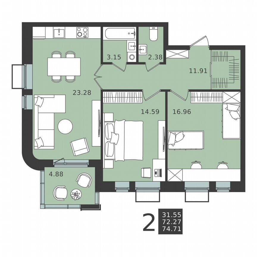 2-к. квартира, 74,7 м², 4/6 эт.