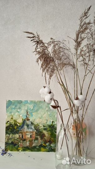 Картина маслом пейзаж, деревенский домик, часовня