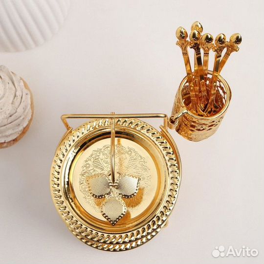 Набор блюдец «Золото», с подставкой, с ложками, 6