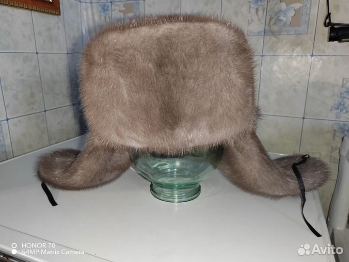 Норковая серо голубая шапка ушанка