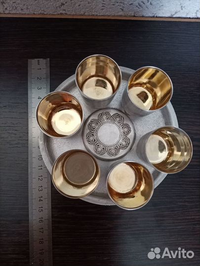 Набор мельхиоровых стопок, поднос, щипцы. СССР