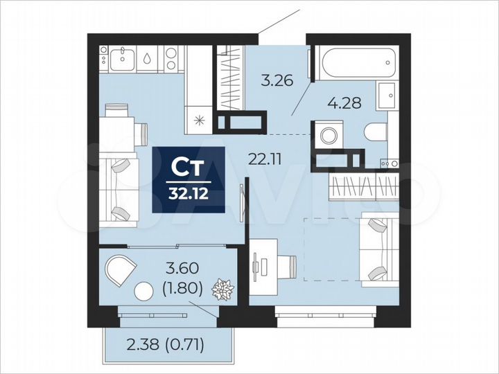 Квартира-студия, 32,1 м², 8/22 эт.