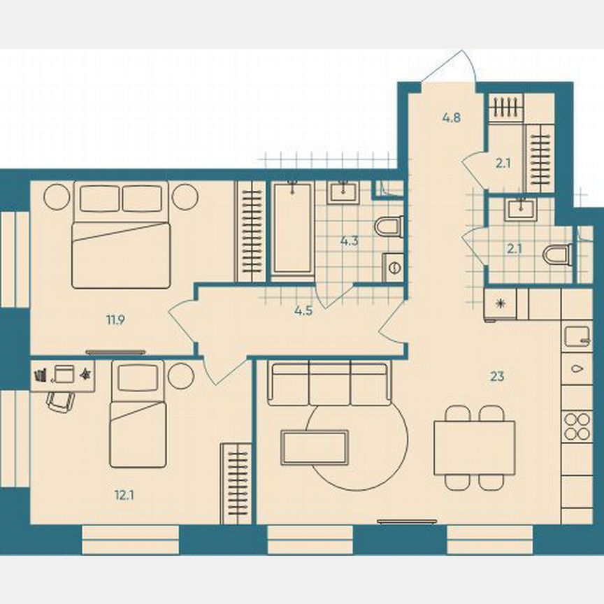 2-к. квартира, 64,8 м², 9/33 эт.